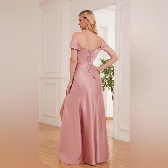 New Women's Off Shoulder Ruched Long Dress with Slit Formal Mermaid Prom Dress - Picture 5 of 8